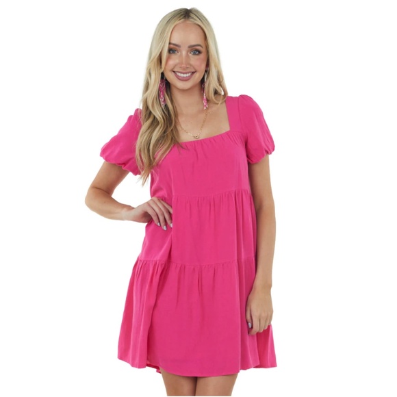 Puff Sleeve Square Neck Tiered Dress - Picture 1 of 5